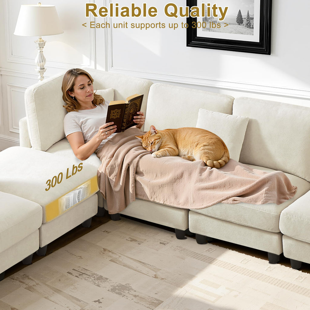 121'' 7-Seater Modular Sectional Upholstered Couches, Chenille Cloud Couch with Movable Ottoman,L/U-Shape Modern Sofa for Living Room,Beige