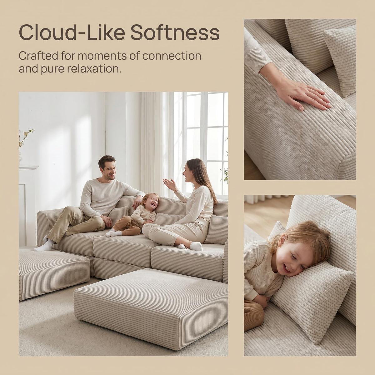 100" Sectional Boneless Couches Set for Living Room, Movable L Shaped Upholstered Modular Couch with 5 Pillows, DIY Combination Cloud Sofa for Apartment & Bedroom, Camel