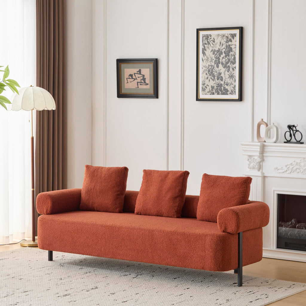 78" 3 Seater Orange Upholstered Sofa, Oversized Comfy Couch with 3 Plush Pillows for Living Room, Bedroom, Apartment