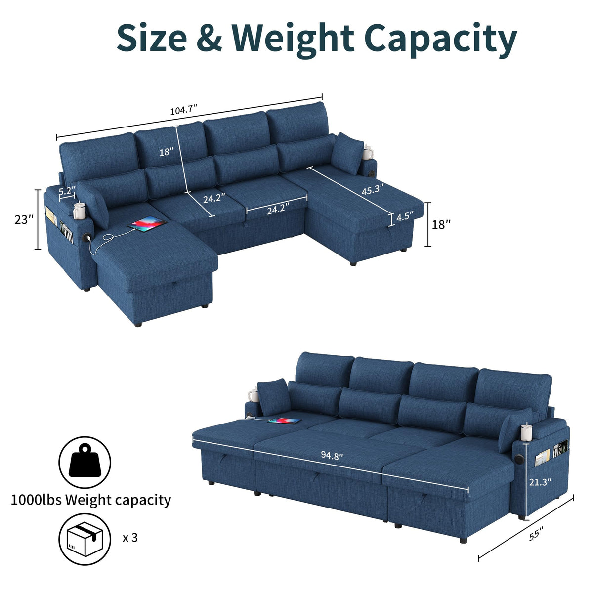 104.7" Sleeper Sofa Bed with Pull Out Bed, U-Shaped Sectional Couch with Storage Chaise, USB & Type-C Charging Ports, Cup Holders, Convertible Sofa for Living Room Apartment (Blue-4-seat, 104.7")