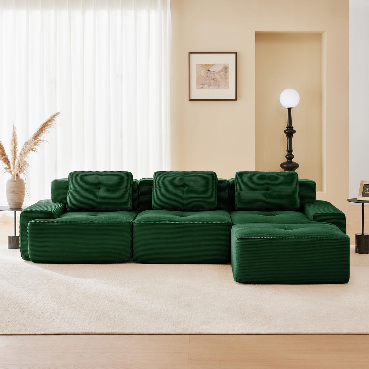 Tidyard 11? Modern L-Shaped Modular Sectional Sofa for Living Room, Corduroy Fabric 3-Seater Couch with Deep Seat, Movable Ottoman, Tufted Design, No Assembly, Anti-Slip Base, Green