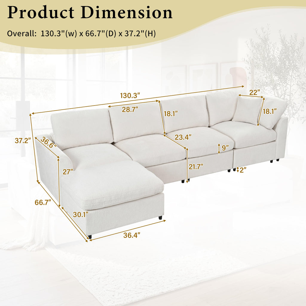 130" L-Shaped Modular Sectional Sofa Modern Deep Seat Cloud Couch for 5, Oversized Chenille Fabric Cloud Sectional Couches with 1 Ottoman Chaise, Higher Seater (21.7 inch)
