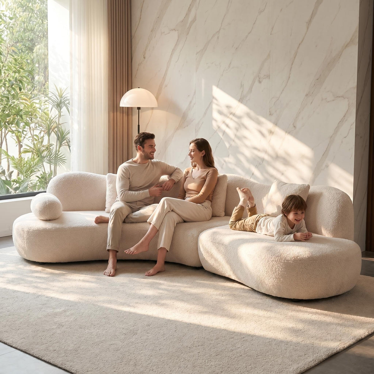 127" White Curved Boucle Modular Sofa, 5 Seater Cloud Couch for Living Room