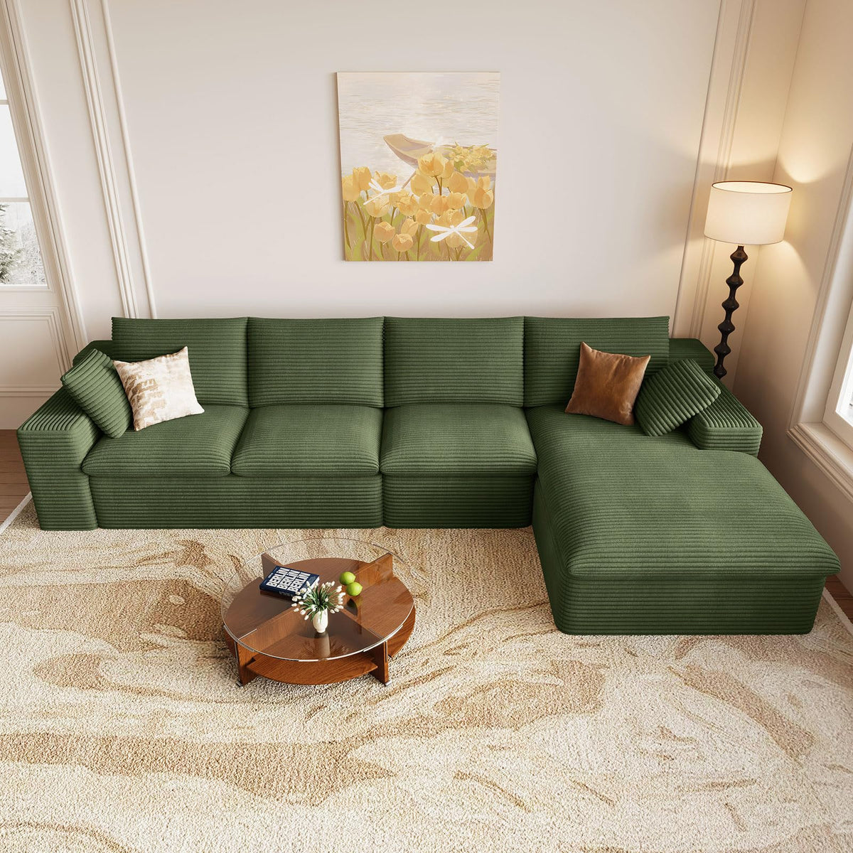 107" Cloud Couch Modular Sectional Couchs with Chaise Lounge, U-Shape Boneless Couches with Ottoman for Living Room, Corduroy Sofa with Deep Seat, No Assembly Required (Green, Left Facing Chaise)