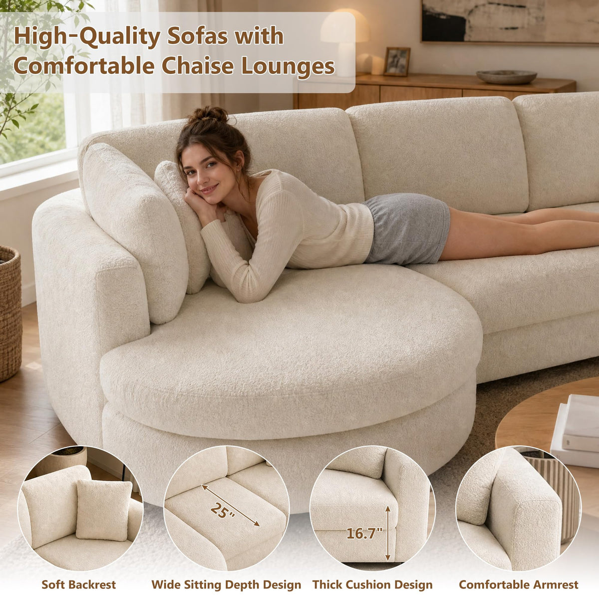 XVD 126.6" Modern Curved Couches for Living Room, Oversized Sectional Cloud Couch with 51" Large Round Chaise, 4 Seater Deep Seat Couch with 2 Pillows, Fabric L Shaped Sofa for Apartment (Beige)
