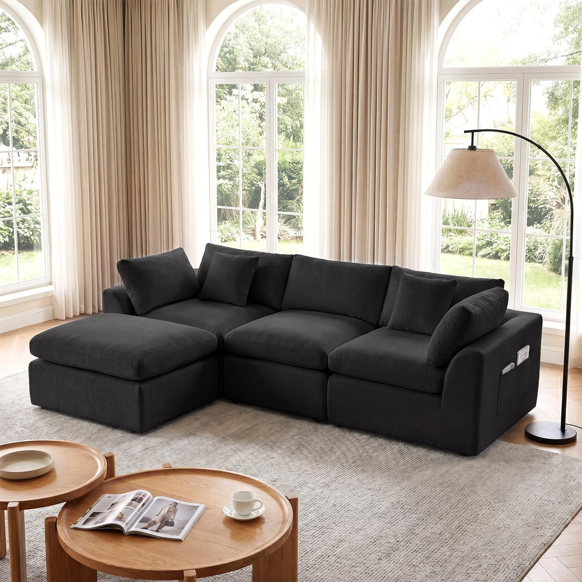 111" Boneless Sectional Couches for Living Room, 5 Seater Deep Seated U Shaped Cloud Couch with Ottomans, Chenille Compressed Modular Cloud Sofa Couch in a Box, No Assembly Required, Grey