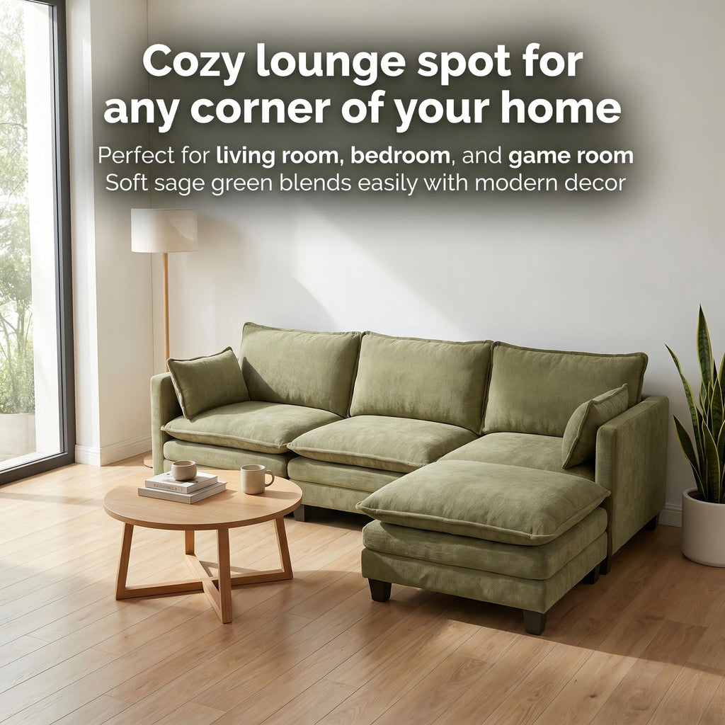 107.9" Modular Chenille Sofa, 3 Seat Cloud Couch with Movable Ottoman, Modern Deep Seat Couch with USB Ports & Side Pockets for Living Room Apartment (Green)
