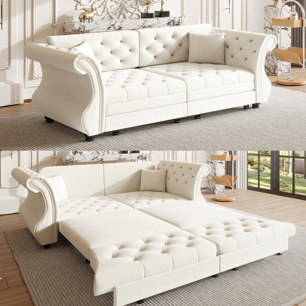 Velvet Pull-Out Sofa Bed, 3-in-1 Convertible Sleeper Sofa with Pillows, Button Tufted Chesterfield King Size Couch for Small Spaces & Apartments (Beige, 97.6")