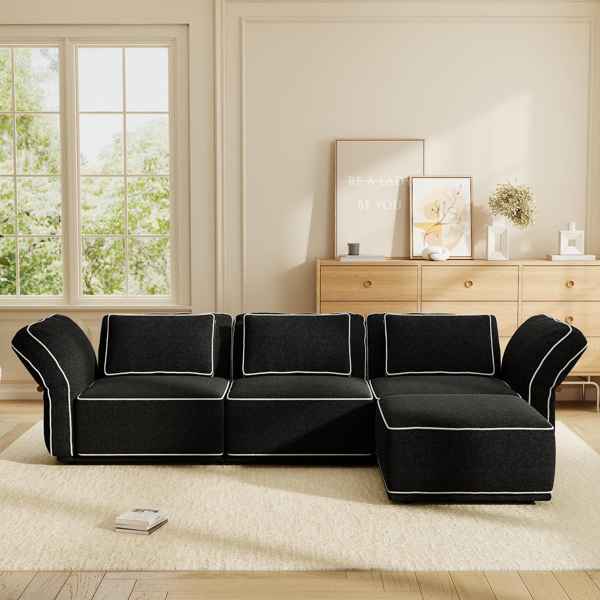 128.3" Modular Boucle Sofa with Ottoman, 3-Seat Sectional Couch, Beige