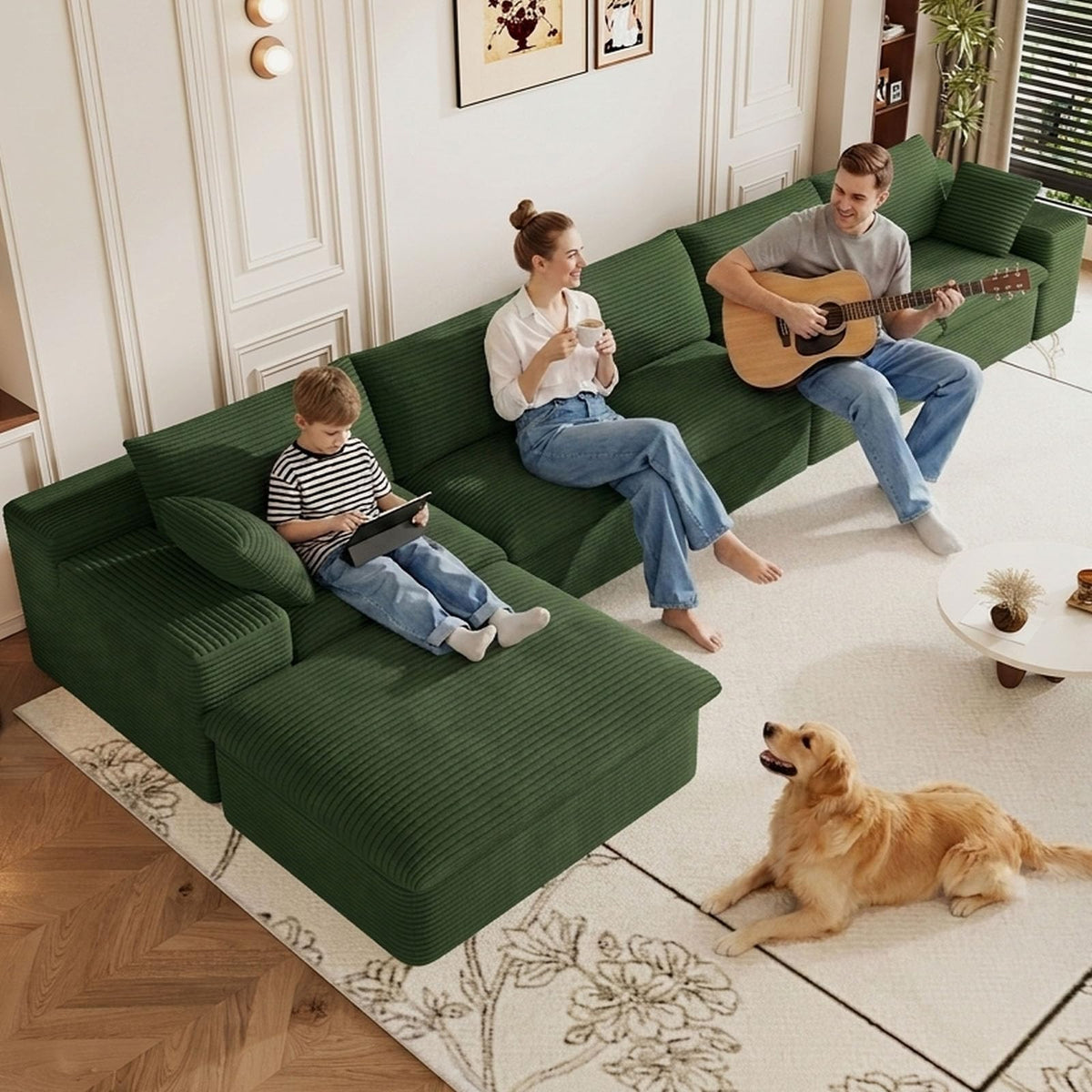 107" Cloud Couch Modular Sectional Couchs with Chaise Lounge, U-Shape Boneless Couches with Ottoman for Living Room, Corduroy Sofa with Deep Seat, No Assembly Required (Green, Left Facing Chaise)
