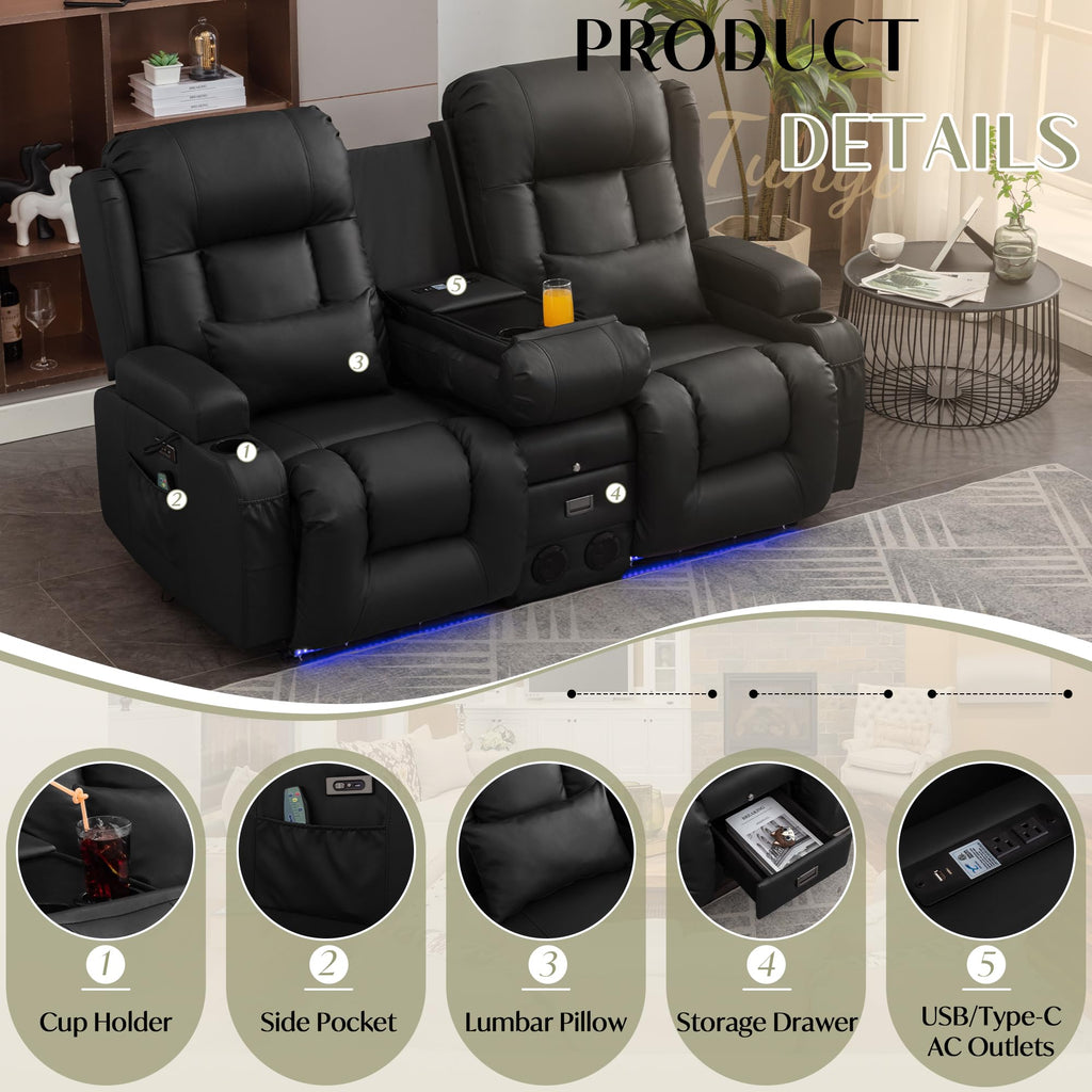 TUNYI Power Loveseat Recliner Sofa, Faux Leather Reclining Sofa with Console RV Reclining Loveseat Couch with USB/Outlet/Storage/Side Pocket/LED Light/Speaker (Black, Loveseat)