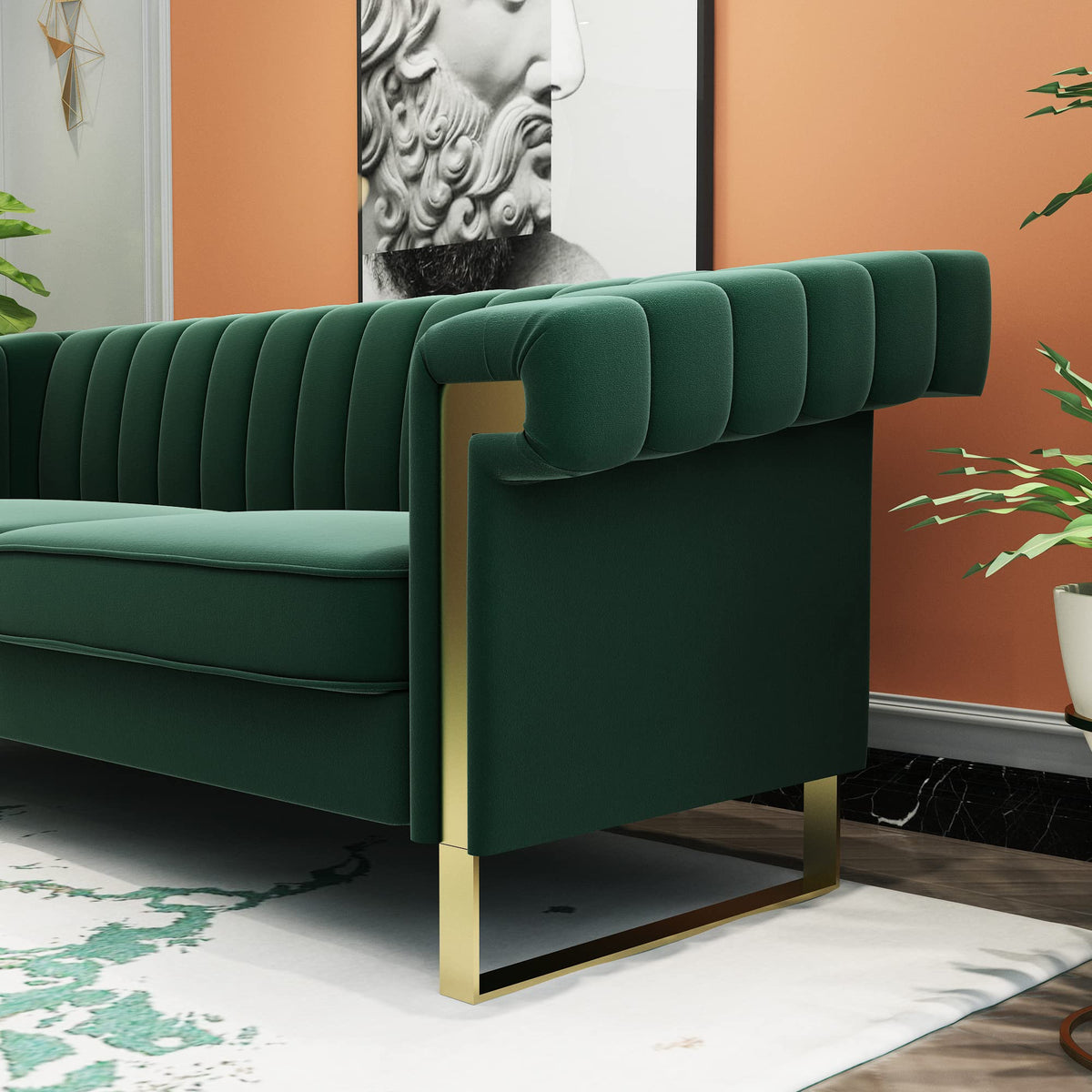 Tomkate 84" Chesterfield Sofa, Modern Velvet 3-Seater Couch with Gold Metal Legs & Removable Cushions, Upholstered Comfy Sofa with Stainless Steel Base for Living Room, Bedroom, Office (Green)