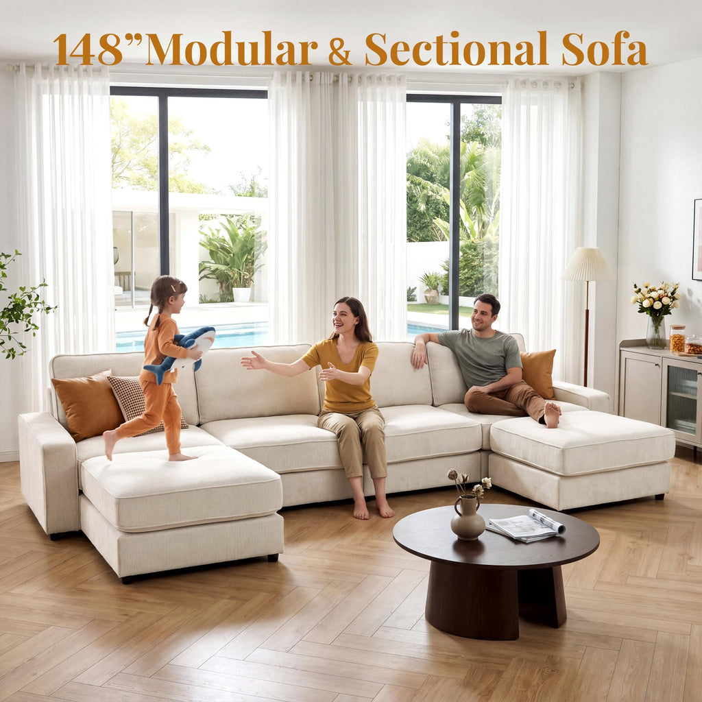 Vipbear 148" Modular Sectional U Shaped Sofa Couches,for Living Room,Oversized Cloud Couch with Movable Ottoman,Comfy Chenille Sofa with Pillow,Side Pockets,Bedroom,Apartment,Beige