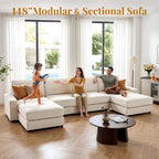 Vipbear 148" Modular Sectional U Shaped Sofa Couches,for Living Room,Oversized Cloud Couch with Movable Ottoman,Comfy Chenille Sofa with Pillow,Side Pockets,Bedroom,Apartment,Beige