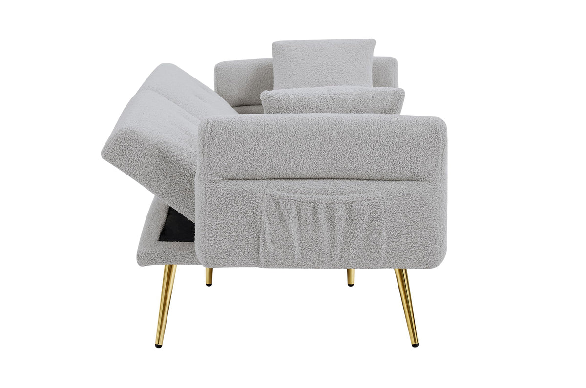 Upholstered Accent Loveseat Sofa with Side Pocket,Folding Sleeper Sofa Bed with Foldable Armrest, Adjustable Backrest and Golden Metal Legs for Living Room,Grey
