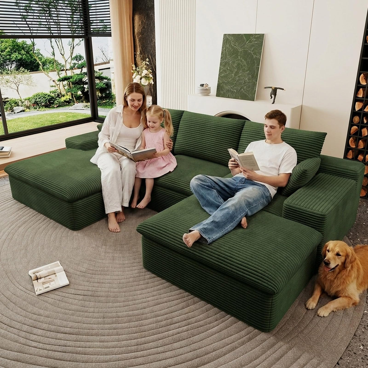 107" Cloud Couch Modular Sectional Couchs with Chaise Lounge, U-Shape Boneless Couches with Ottoman for Living Room, Corduroy Sofa with Deep Seat, No Assembly Required (Green, Left Facing Chaise)