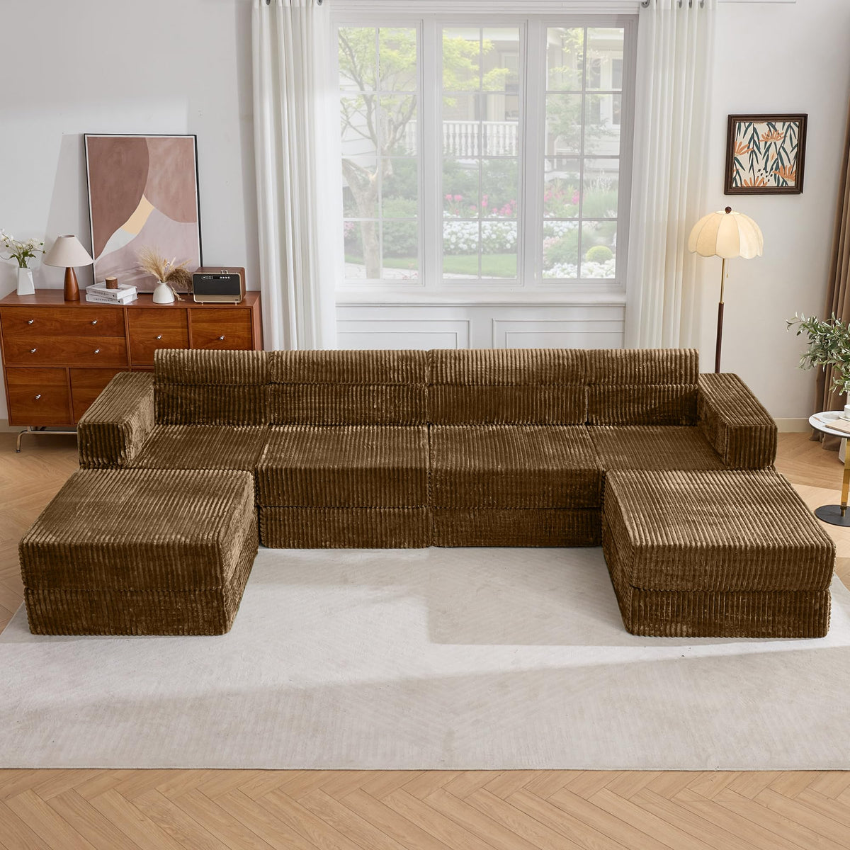 Tbfit 142” Modular L Shaped Sectional Boneless Couch, Convertible Futon Sofa Bed, Corduroy Cloud Mattress Sleeper Sofa, Comfy Folding Upholstered Floor Couches for Living Room, Bedroom, Beige