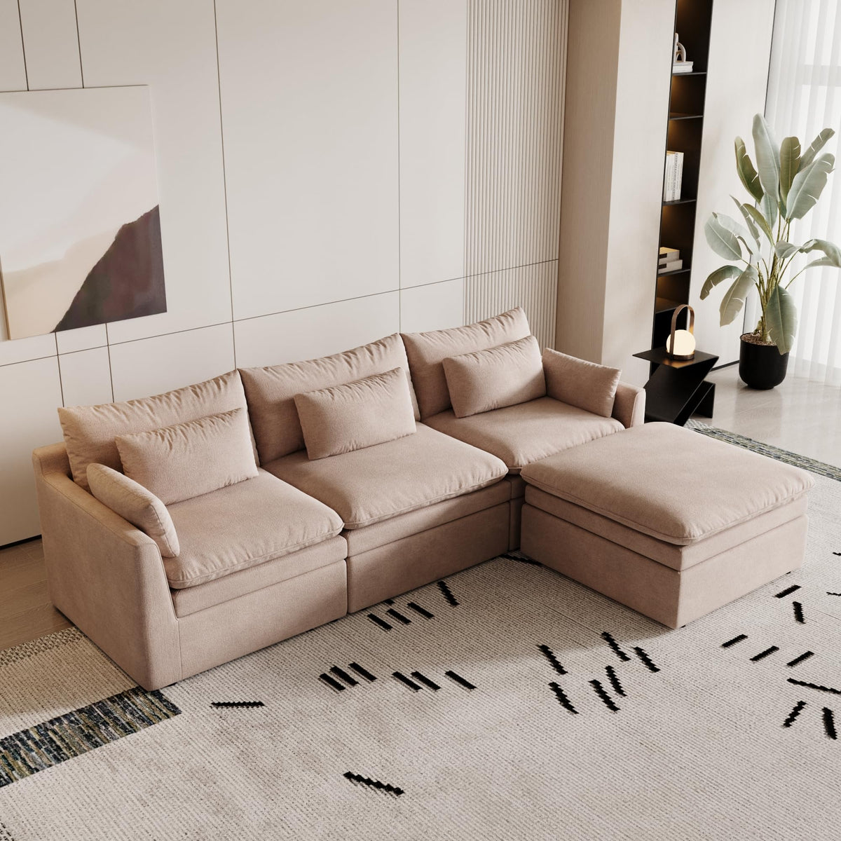 120" Cloud Couch Modular Sectional Sofa for Living Room, 3-Seater with Ottoman, Modern Sofa with Small Pillows Deep Seat L Shapedd Couch Covers Removeble Comfy Linen Khaki