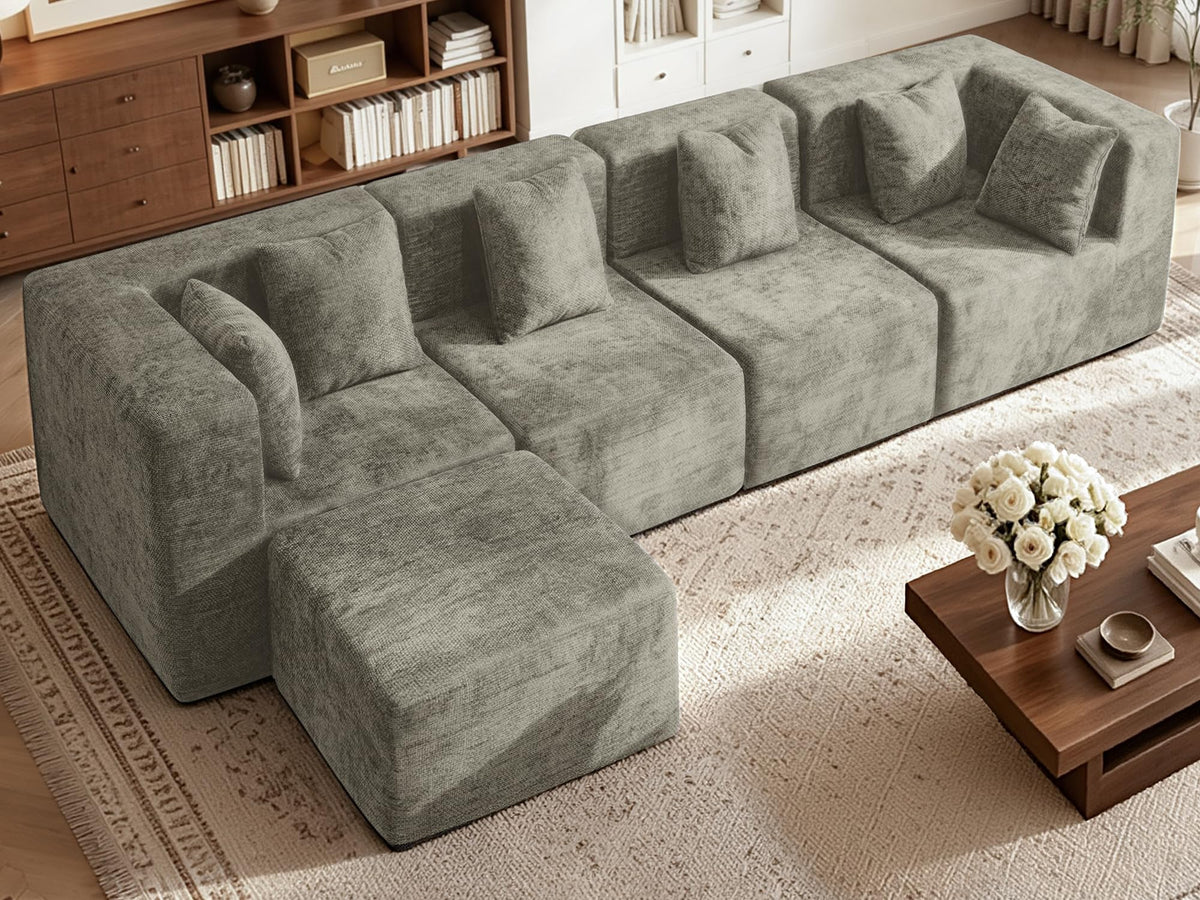 103" Three-Layer Sponge Boneless Couch sectional for Living Room Modular sectional Sofa High-Back 4-Seater L-Shape Couch with Ottoman Memory Foam Waterproof Chenille Black