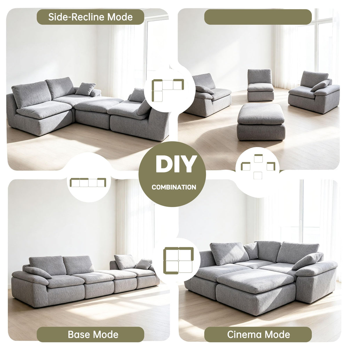 119" L-Shaped Sectional Boneless Couch, Cloud Modular Sofa No Assembly