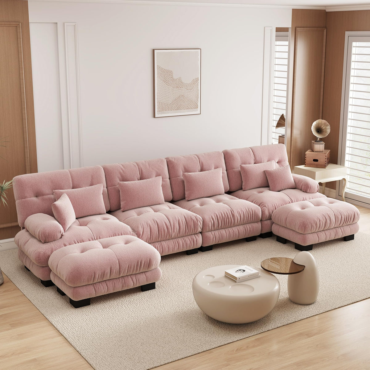 Velvet Modular Sectional Sofa,130" W Oversized U Shape Cloud Couch with 2 Ottomans,Free Combined 3 Seater Comfy Sofa with Bolster Armrest Pillows,Green for Living Room