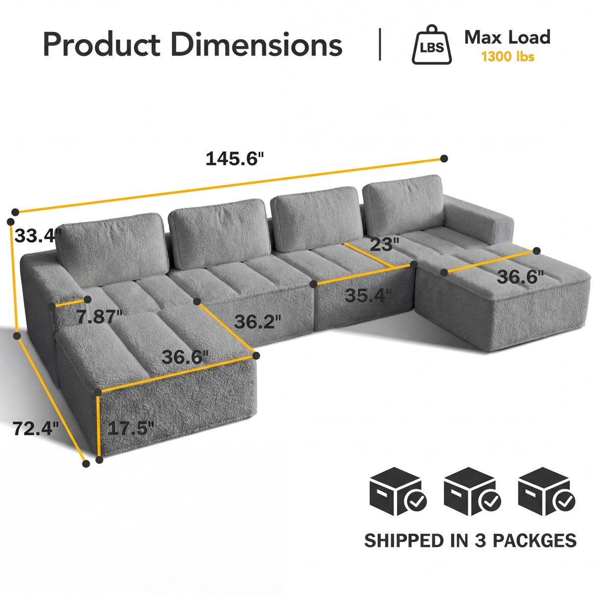 Vipbear 145" U Shaped Modular Sectional Sofa with Ottoman, Boneless Comfy Couch with Layered Cushion, Upholstered Couch in a Box, Flexible Module Combination for Living Room, No Assembly, Grey