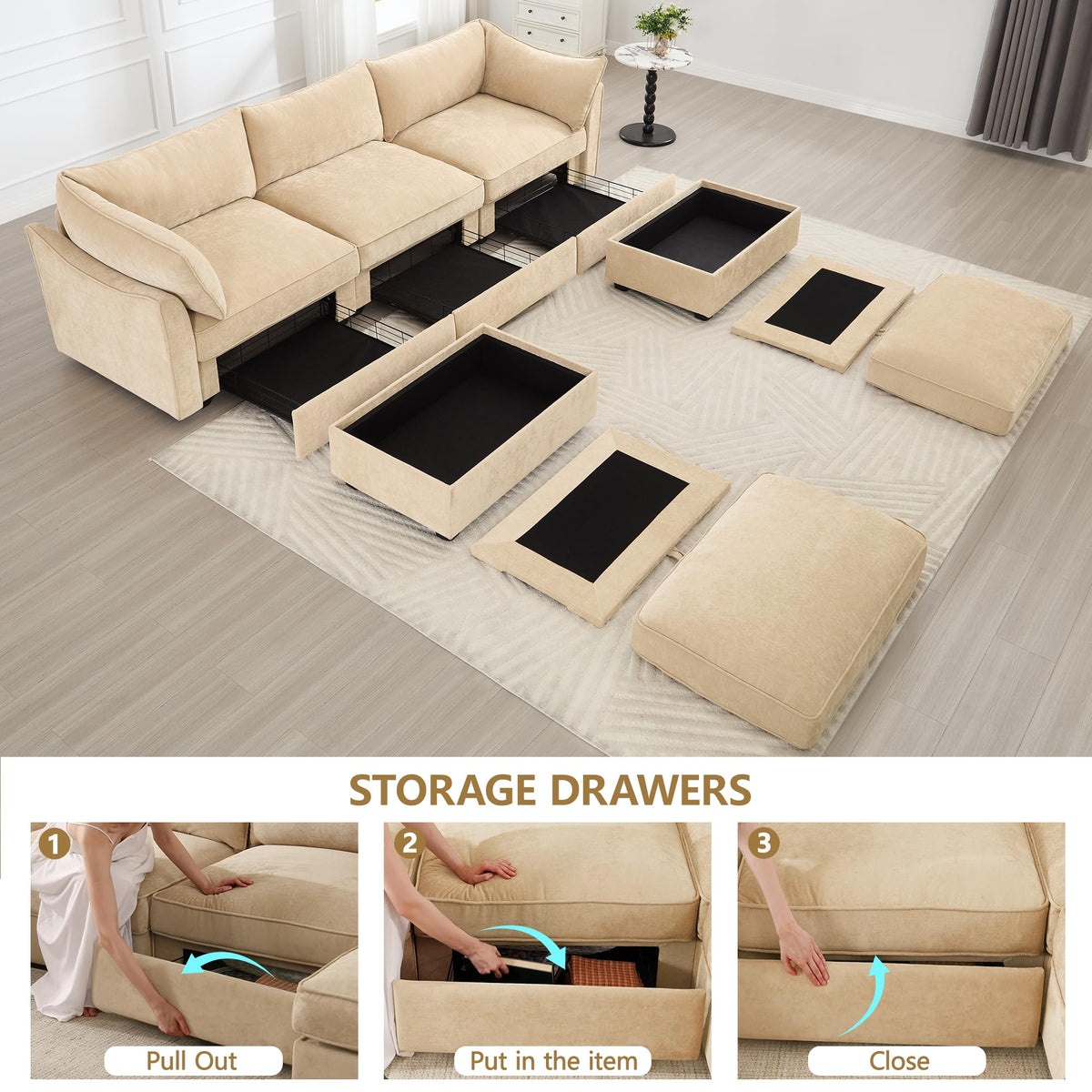 U Shaped 3 Seater deep seat Sofa with footstools Including 2 movablefootstoolsshapedarmrests,andwraparoundback and arm Cushions,with a Pull Out Storage Drawer Under Each seat Chenille Wheat