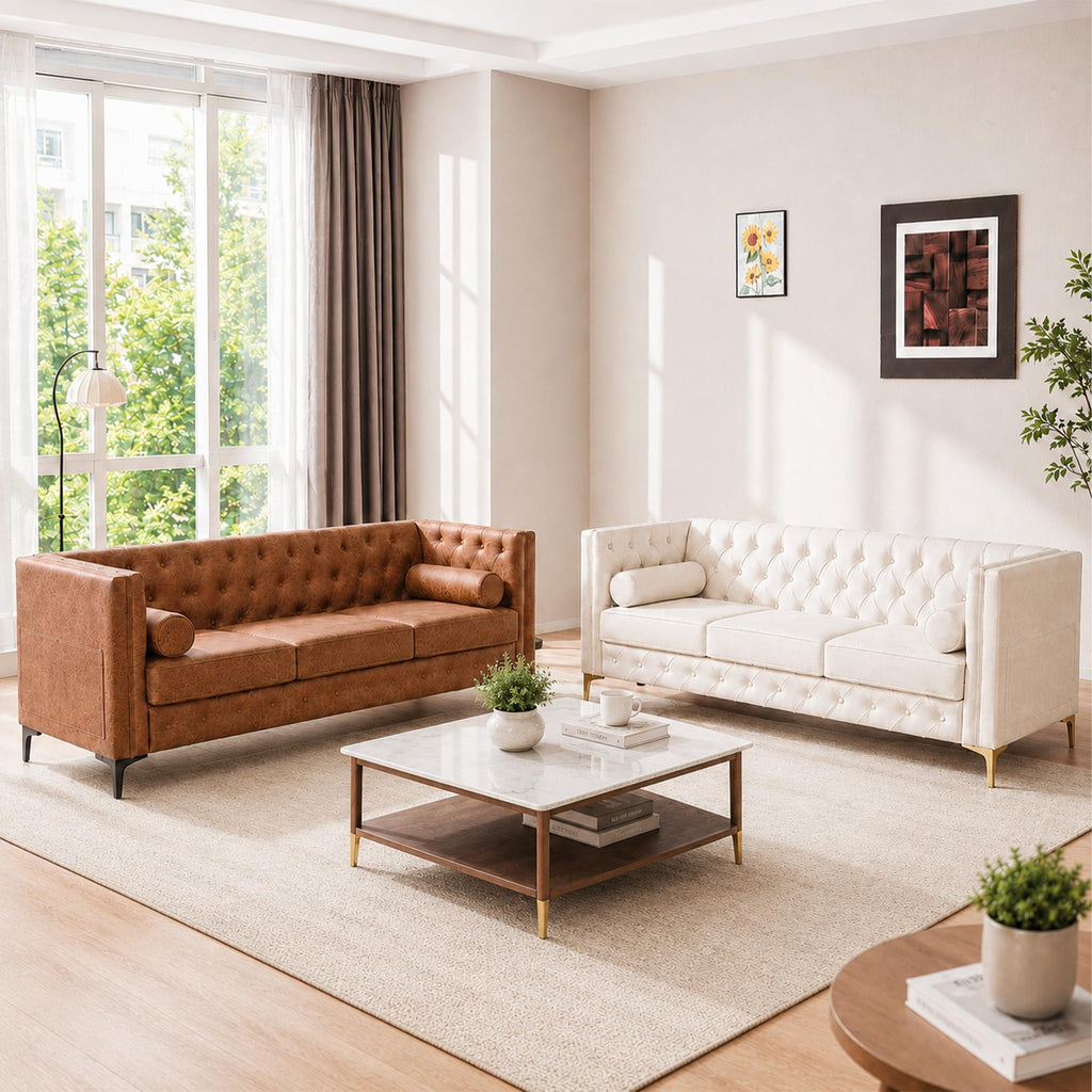 78.5" Cream White Faux Leather Sofa Couch for Living Room, Luxury Button T