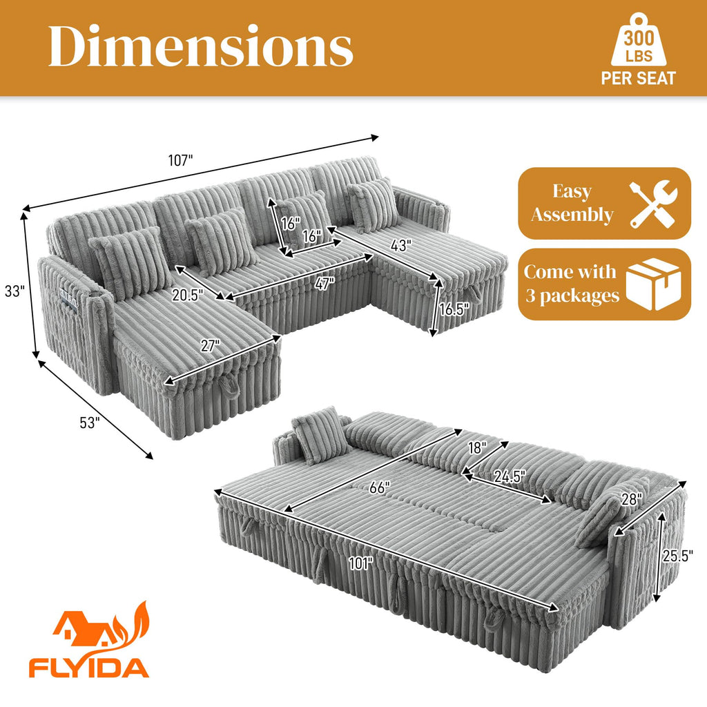 107" Sectional Sleeper Sofa with Pull Out Bed, Comfy Fluffy Plush Cloud Corduroy Sectional Couches for Living Room, U Shaped Modular Couch with Storage Chaise, Cup Holder & USB Charger, Grey