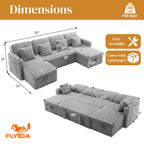 107" Sectional Sleeper Sofa with Pull Out Bed, Comfy Fluffy Plush Cloud Corduroy Sectional Couches for Living Room, U Shaped Modular Couch with Storage Chaise, Cup Holder & USB Charger, Grey
