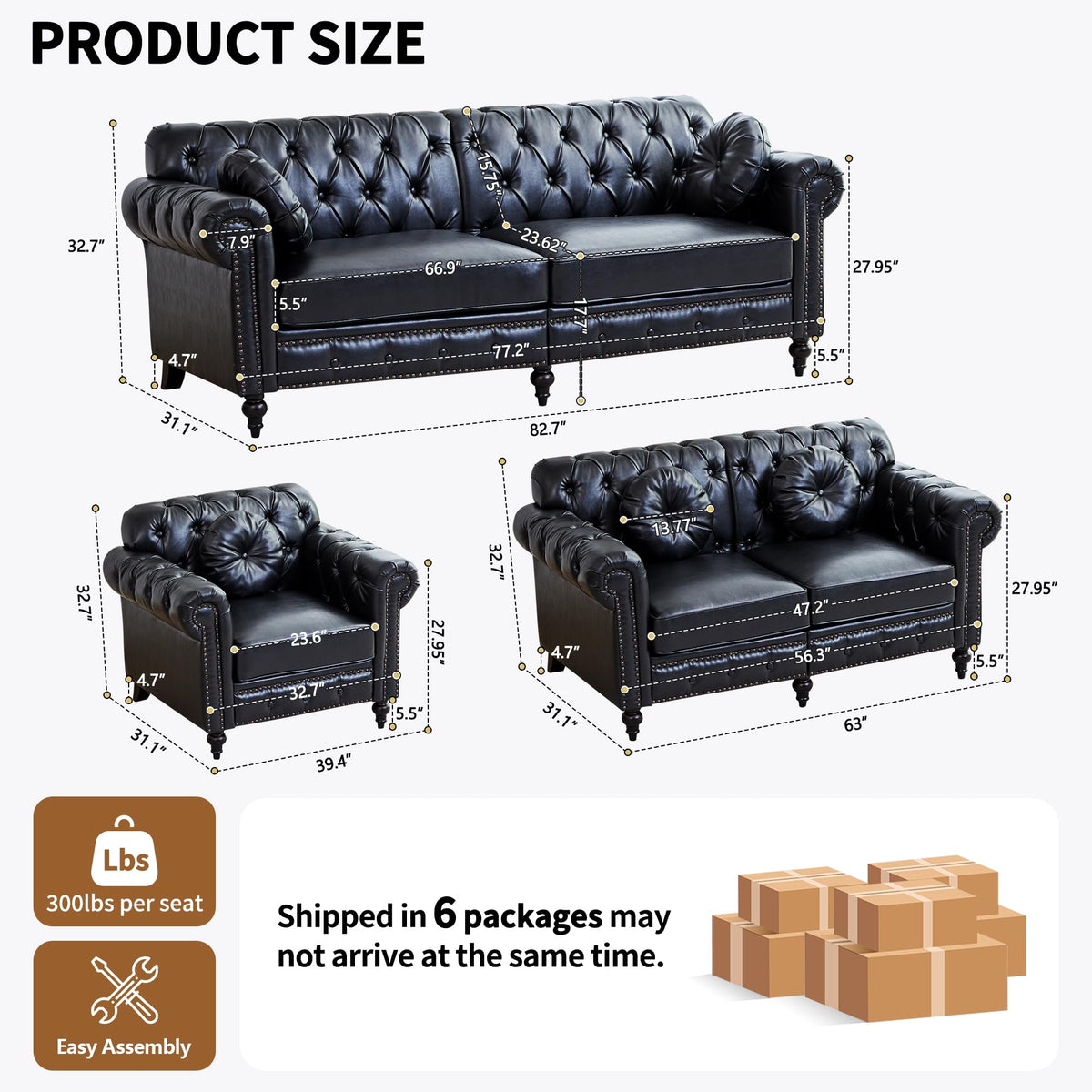 XUZENEST 3-Piece Chesterfield Sofa Set with 3-Seater Sofa&Loveseat&Chair