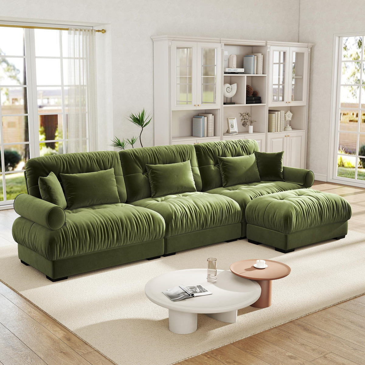 Velvet Modular Sectional Sofa,130" W Oversized U Shape Cloud Couch with 2 Ottomans,Free Combined 3 Seater Comfy Sofa with Bolster Armrest Pillows,Green for Living Room
