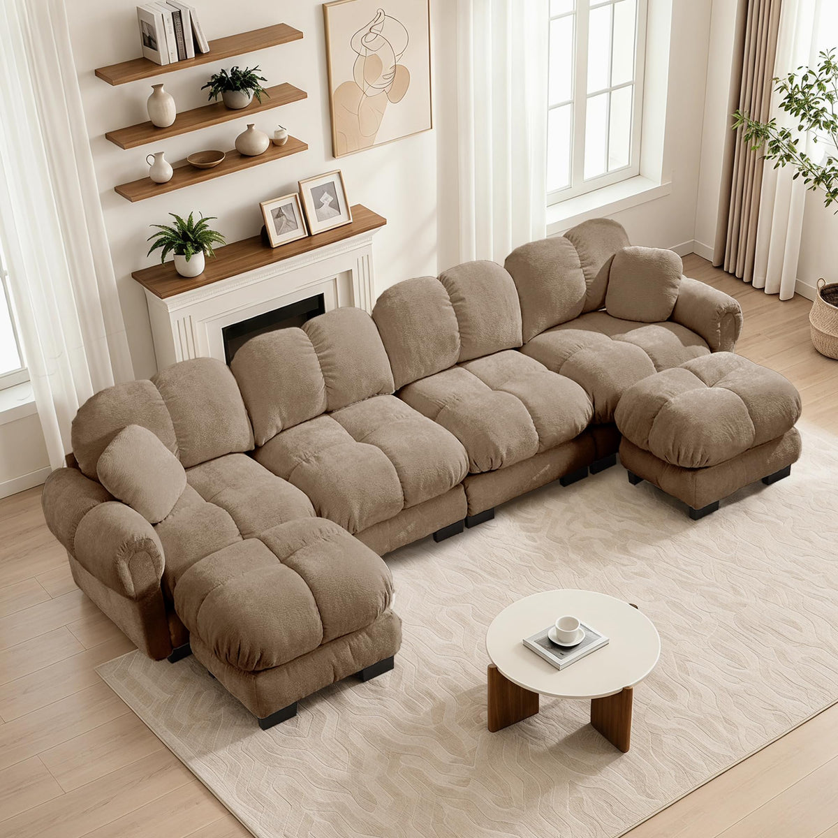 103.9" Modular Cloud Couch, Oversize U-Shaped Sectional Sofa with Ottoman, Deep Seat Chenille Couch, Anti-Slip Design, Modern 3-Seater Sofa for Living Room/Apartment/Bedroom, Brown