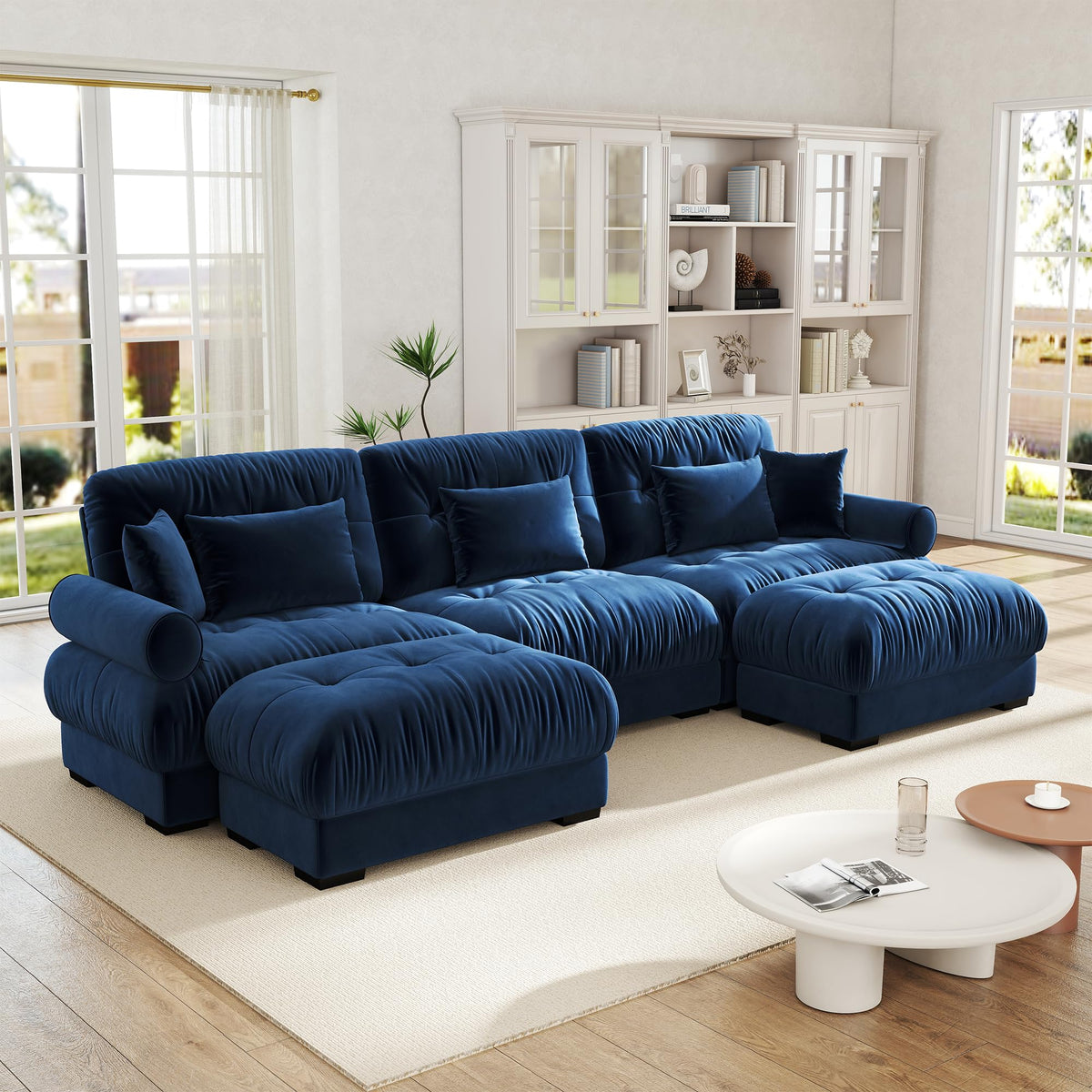 Velvet Modular Sectional Sofa,130" W Oversized U Shape Cloud Couch with 2 Ottomans,Free Combined 3 Seater Comfy Sofa with Bolster Armrest Pillows,Green for Living Room