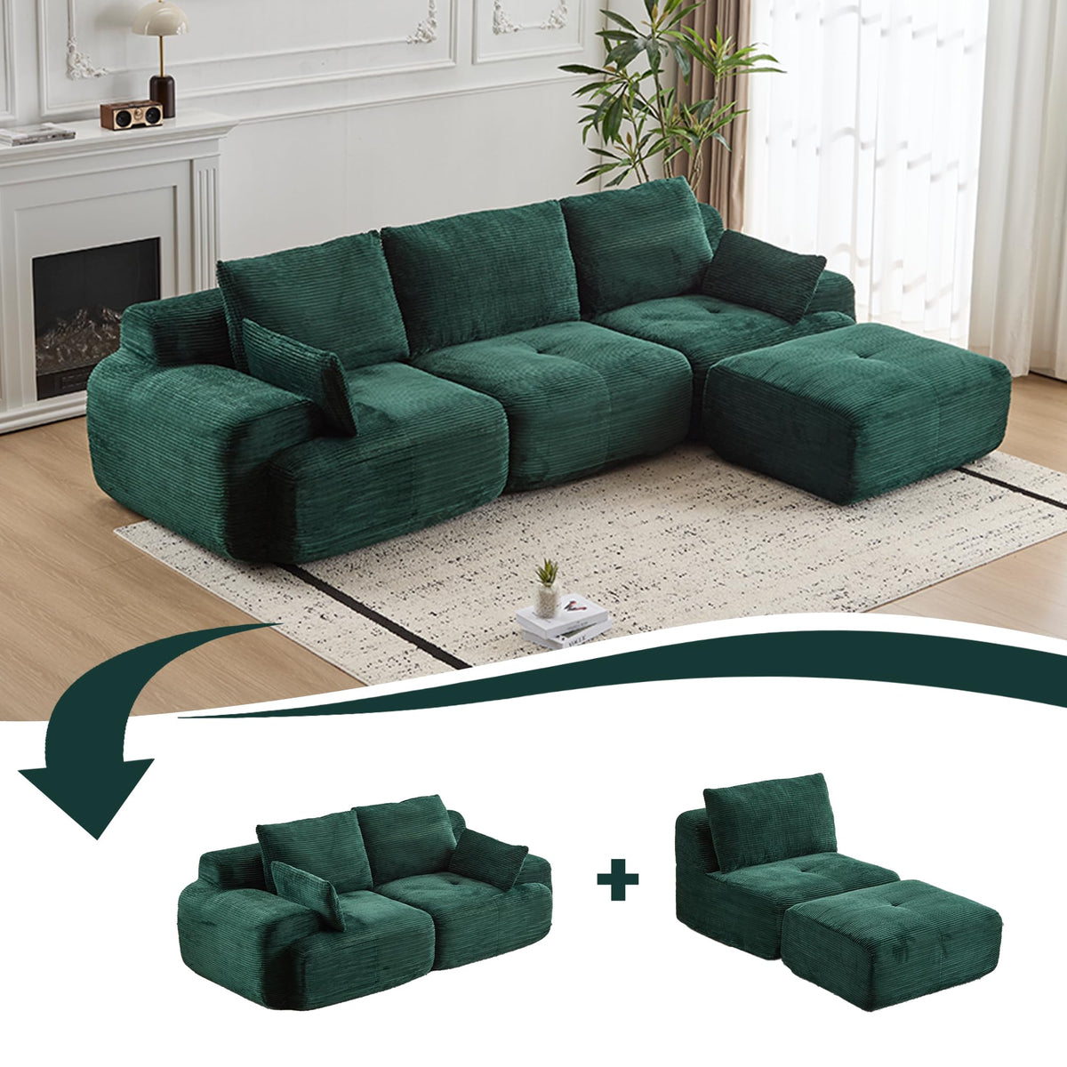 Tidyard Foam Sectional Sofa, Pet-Friendly Corduroy Fabric, No Assembly Required, Extra Deep Loveseat for Living Room, Green