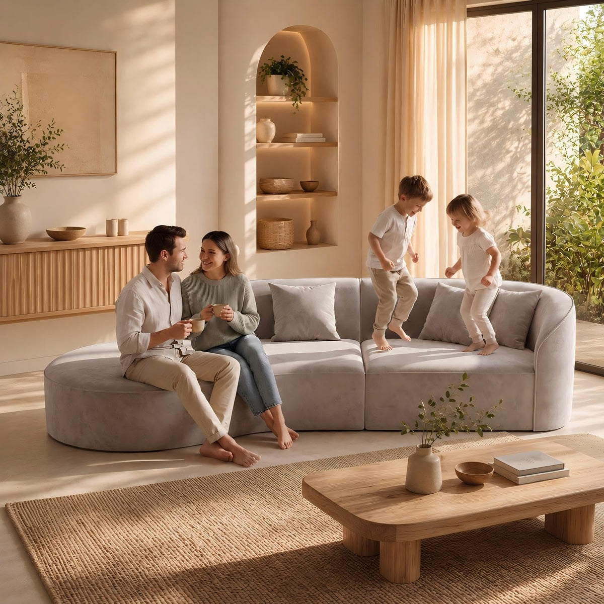 133.8" Oversized Curved Sectional Sofa, Ivory White, Left Chaise