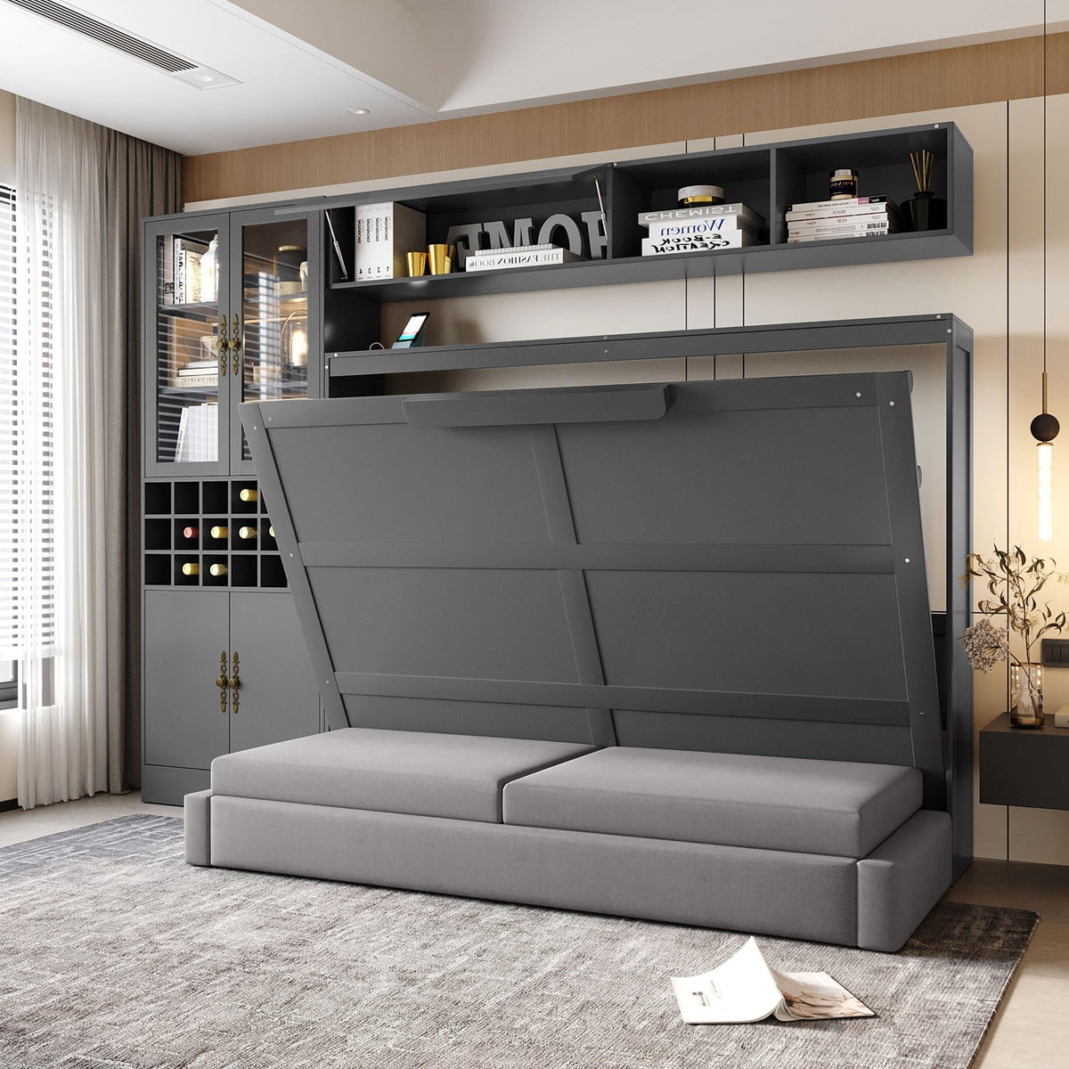Wood Murphy Bed with Sofa, 4 Storage Shelves and USB Charging Station
