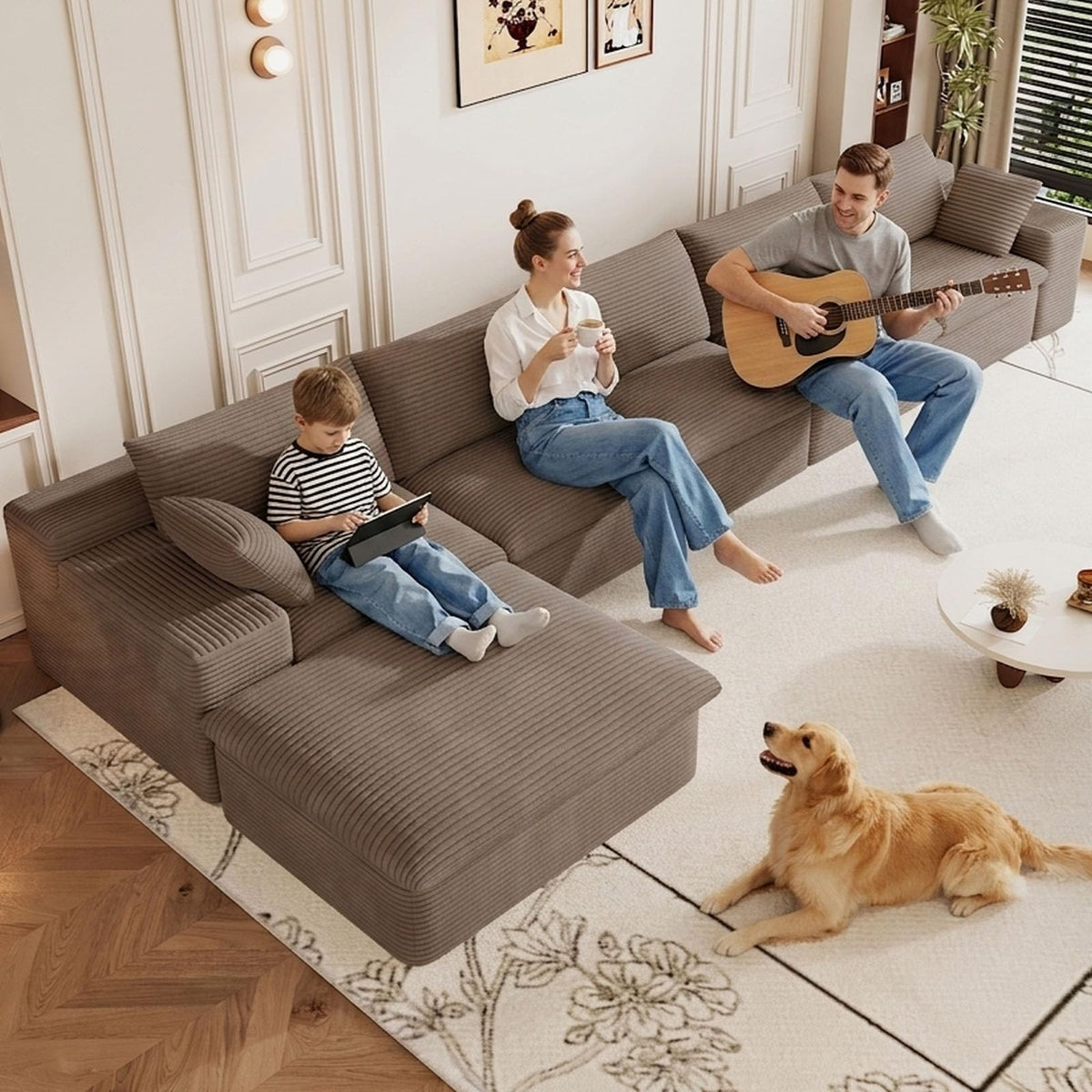 107" Cloud Couch Modular Sectional Couchs with Chaise Lounge, U-Shape Boneless Couches with Ottoman for Living Room, Corduroy Sofa with Deep Seat, No Assembly Required (Green, Left Facing Chaise)