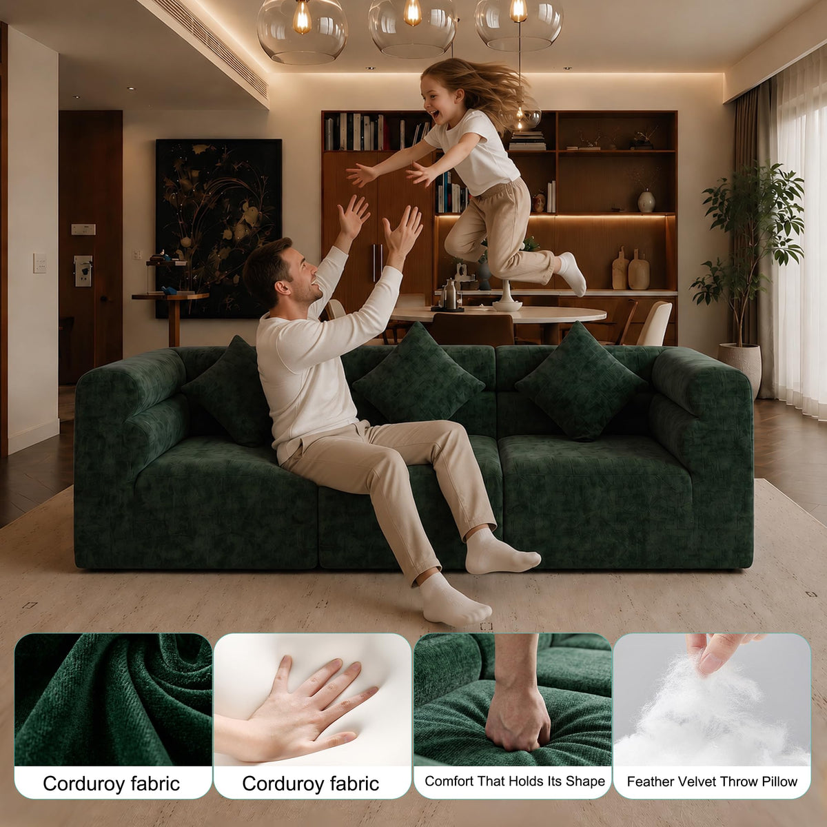 113.38" Modular Sectional Sofa, No Assembly Required Cloud Couch with Deep Seat & Chaise, Modern L-Shaped Boneless Sofa in a Box for Living Room, Apartment, Deep Turquoise Green