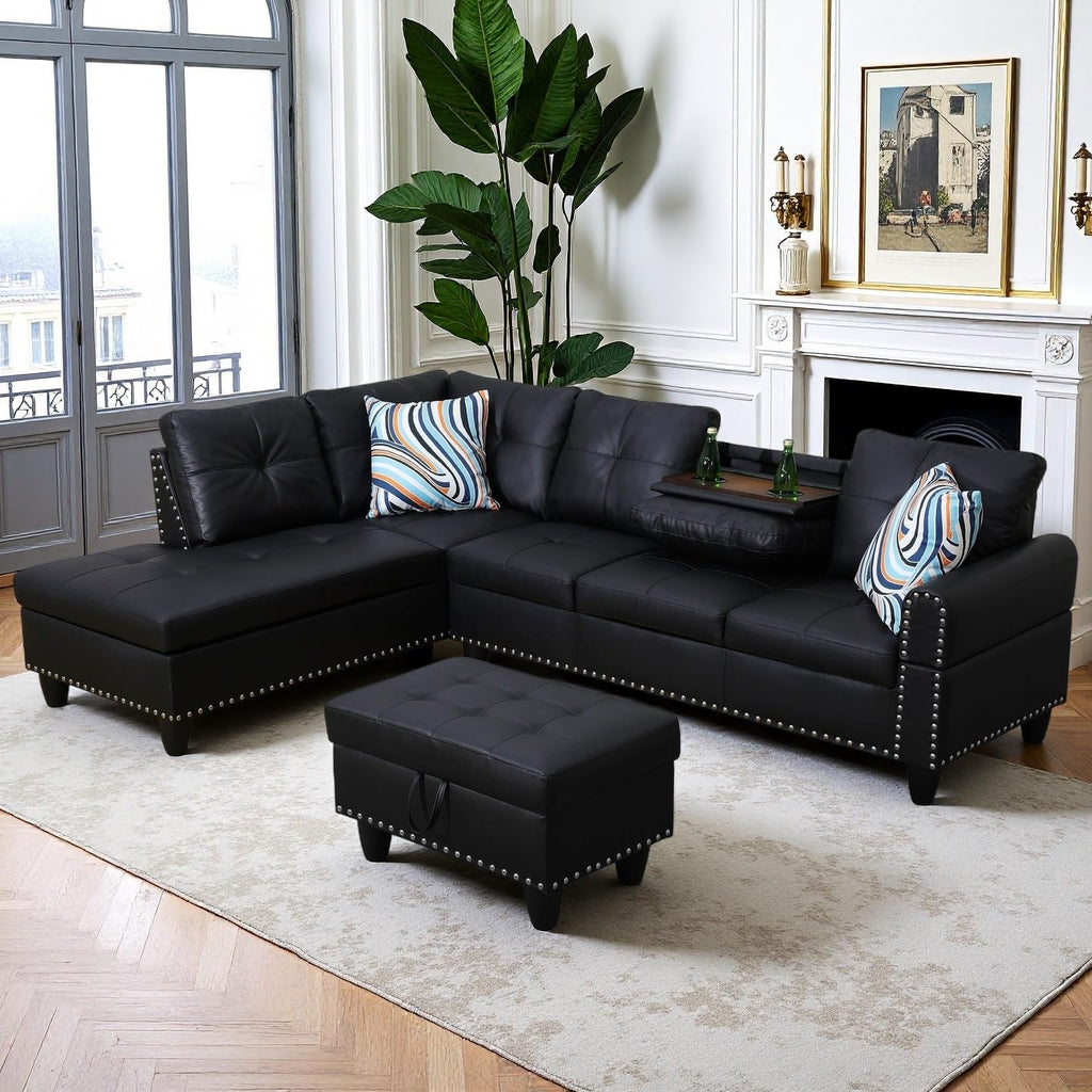 Leather L-Shaped Couch Set, 97.5"L x 69.5"W Sectional Sofas Black