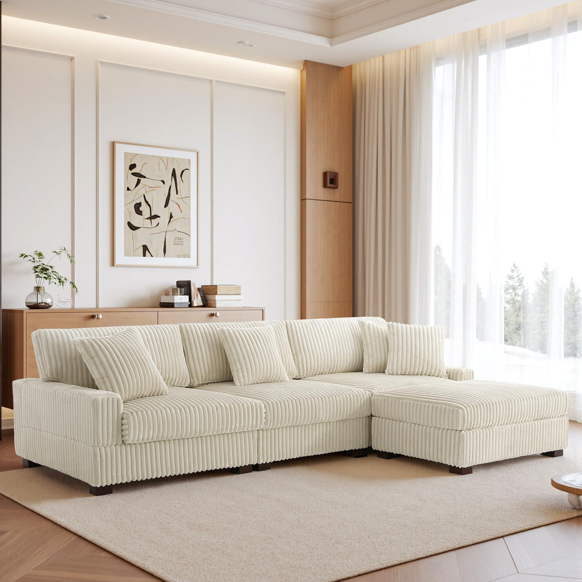 118.3" L-Shaped Modular Sectional Sofa with Chaise, Comfy Corduroy Fluffy Couch with Deep Seat, Flexible Module Combination for Living Room, Cotton Flannel Light Brown
