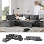 107" Modular Sectional Sleeper Sofa with Pull Out Bed, Oversized L-Shape Couch with USB Charger, Storage Ottoman & Adjustable Armrest, Chenille Sectional Couches for Living Room, Grey