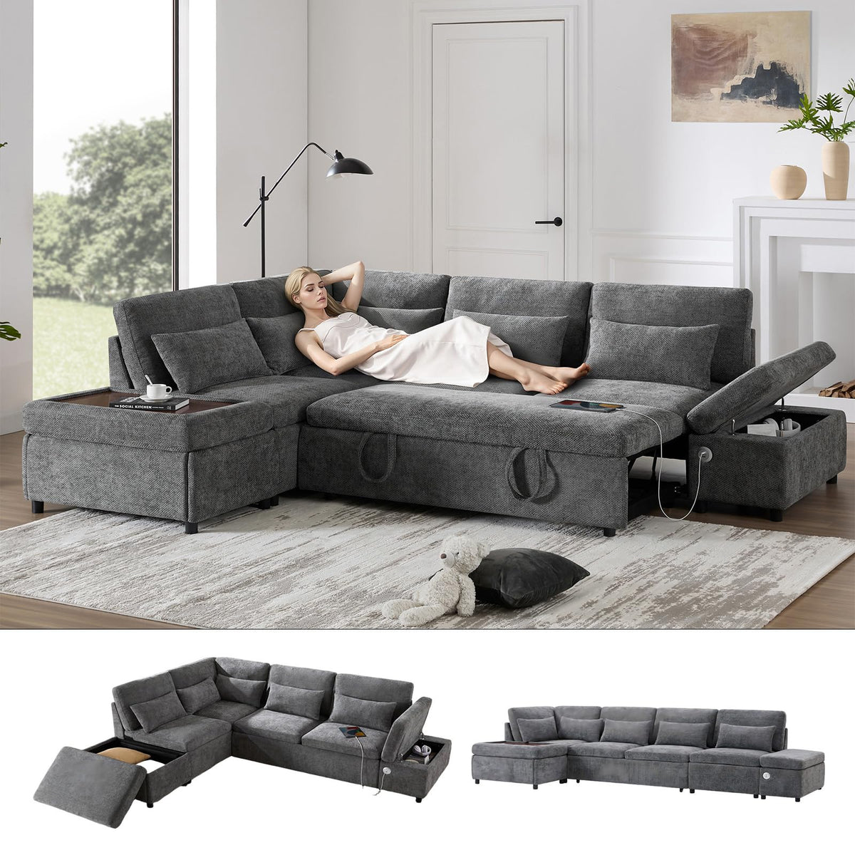 107" Modular Sectional Sleeper Sofa with Pull Out Bed, Oversized L-Shape Couch with USB Charger, Storage Ottoman & Adjustable Armrest, Chenille Sectional Couches for Living Room, Grey