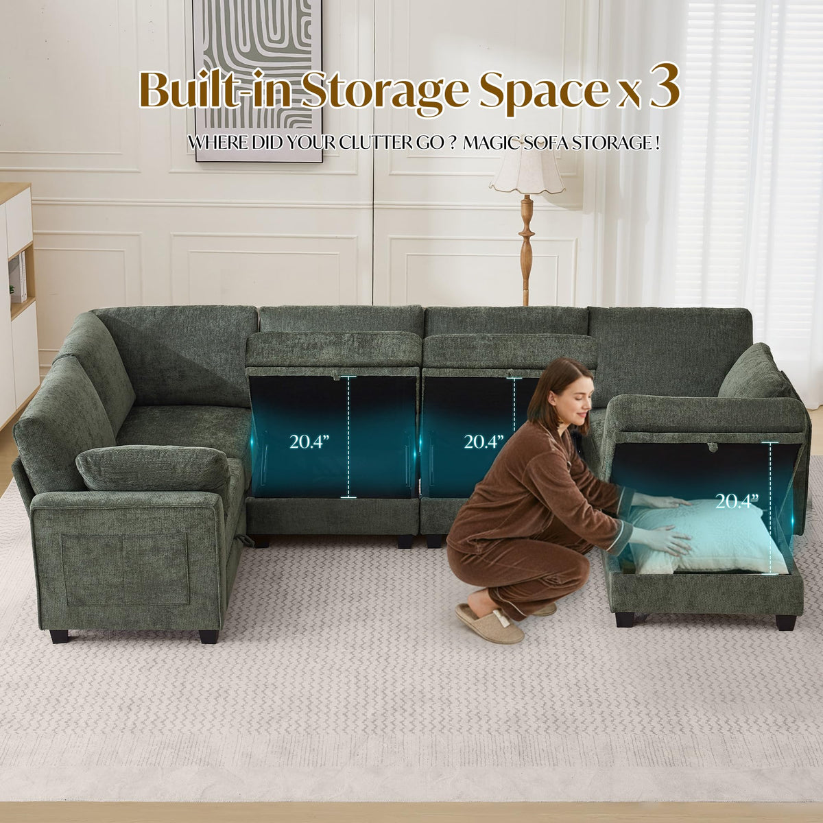 131.2" Storage Modular Sectional Sofa, Chenille Cloud Couch with Storage Ottoman, Deep Seat Sectional Couch with Removable Covers, Side Pocket, Armrest Pillow for Living Room, Green
