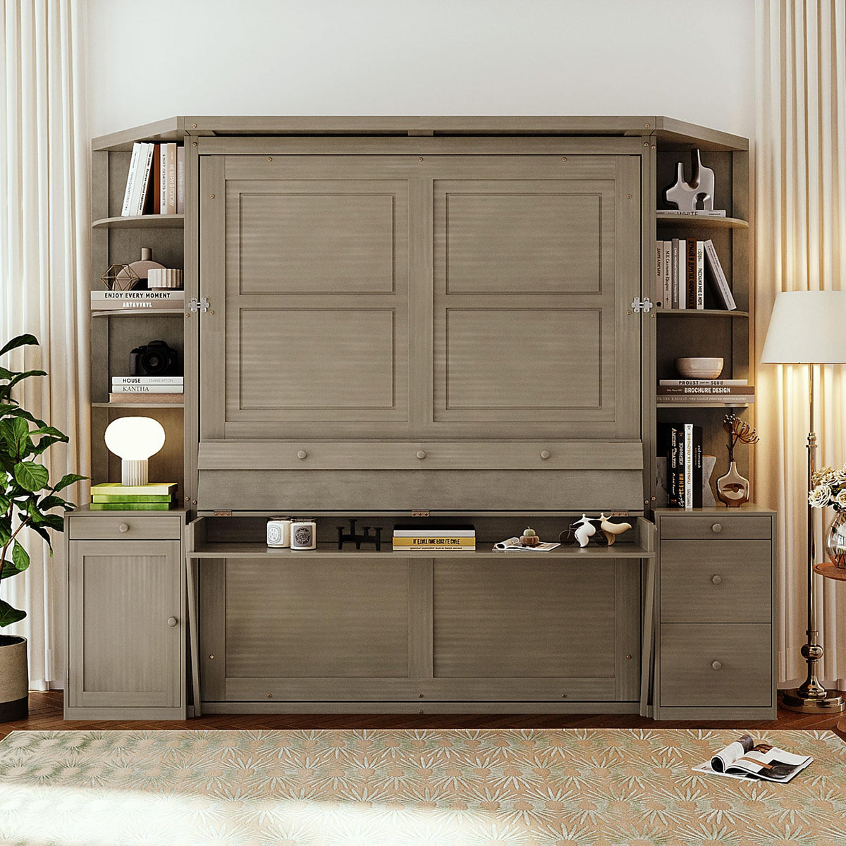 Twin Size Murphy Bed with Open Shelving, Sofa Front and Printed Panel