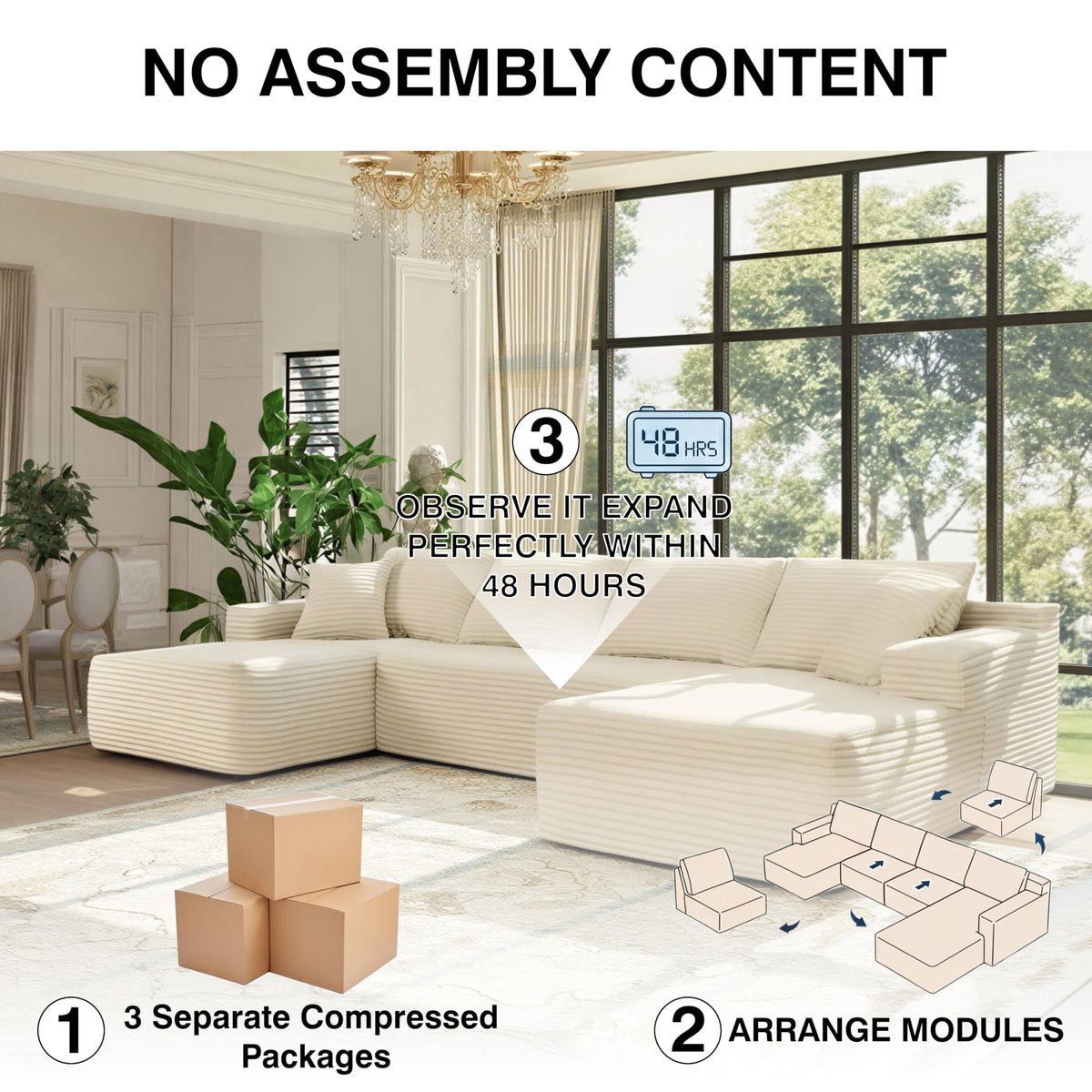 THSUPER Beige 134'' Oversized U Shaped Sectional Boneless Couches