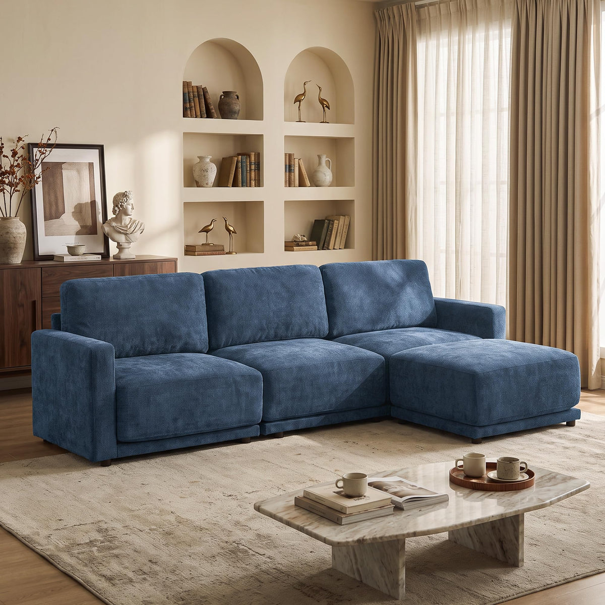 110.6" Modular Sectional Sofa with Ottoman, Upholstered L Shaped Sectional Couch with Thick Cushions, Oversized Chenille Comfy 4 Seater Sofas for Living Room, Easy Assembly, White