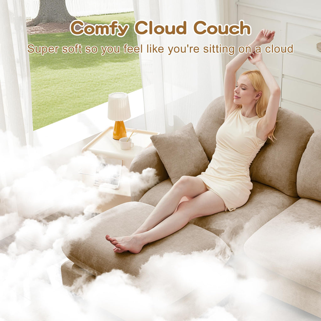 107" Modular Sectional Sofa, Comfy U Shaped Cloud Couch with Ottoman, Chenille Sofa Sleeper Deep Seat Sofas with Throw Pillows for Apartment-Camel