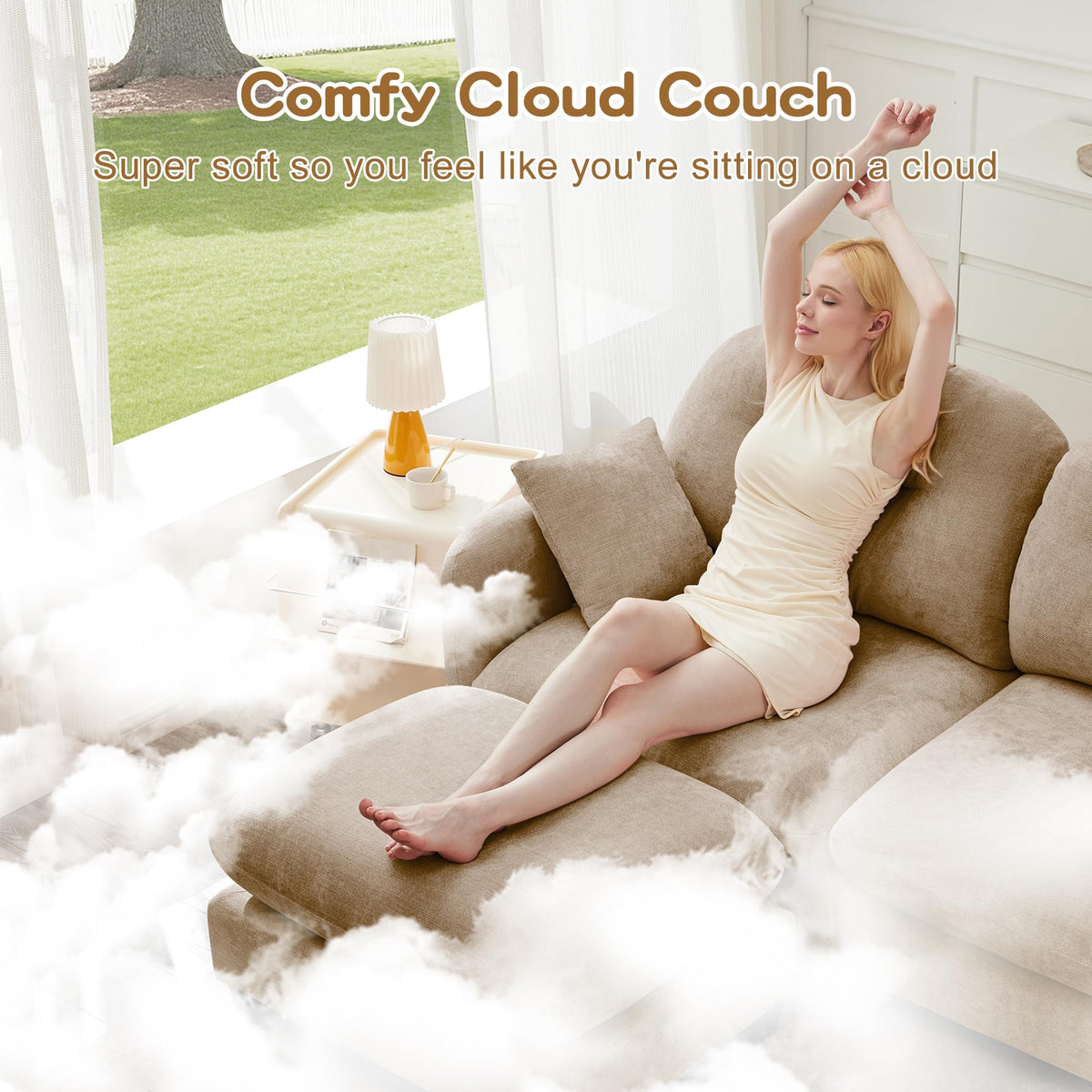 107" Modular Sectional Sofa, Comfy U Shaped Cloud Couch with Ottoman, Chenille Sofa Sleeper Deep Seat Sofas with Throw Pillows for Apartment-Camel