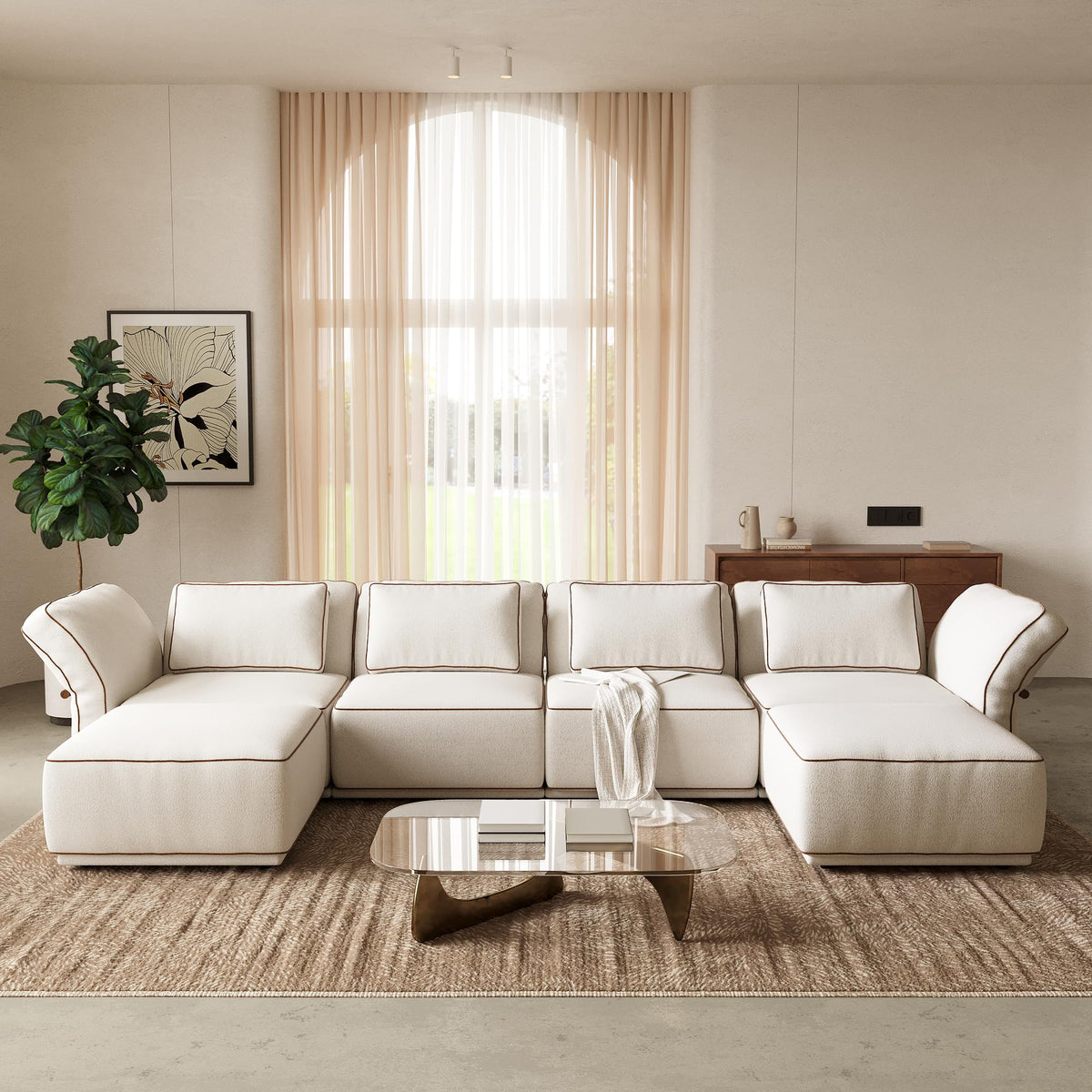 128.3" Modular Boucle Sofa with Ottoman, 3-Seat Sectional Couch, Beige